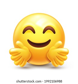 Hugging emoji. Emoticon giving a hug. Happy yellow face with open hands and smiling eyes 3D stylized vector icon