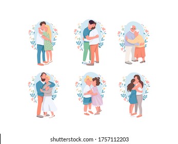 Hugging flat color vector faceless characters set. Happy relatives. Different cute couple. Little brother and sister. Romantic dating. Family isolated cartoon illustrations on white background