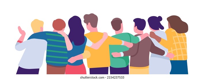 Hugging friend group. Back view people. Teamback colleagues cuddle. Young men and women characters in hugs. Happy persons standing in embrace. Togetherness and friendship