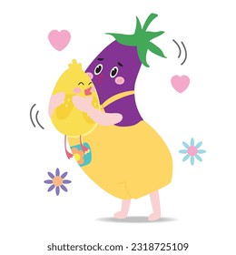 hugging friends concept. cute eggplant and chick on white background flat vector illustration.