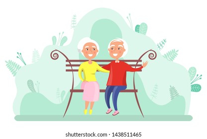 Hugging grandparents, elderly man and woman sitting on bench. Smiling grandfather embracing grandmother, people in casual clothes, leisure outdoor vector