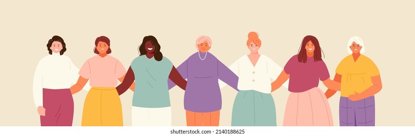 Hugging group of women of different nationalities and ages. Female support and solidarity, feminism. March 8. Vector banner illustration