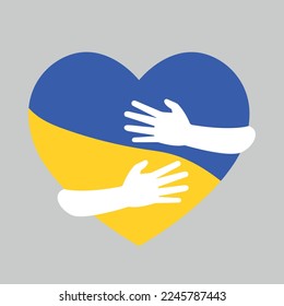 hugging hands with blue and yellow heart, flag of Ukraine, flat vector illustration