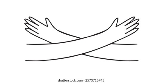 Hugging hands doodle hand drawn icon. Embrace arms support and help sign concept. Self care and love outline drawing line clipart symbol. Vector illustration