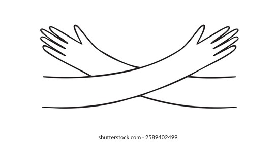 Hugging hands doodle hand drawn icon. Embrace arms support and help sign concept. Self care and love outline drawing line clipart symbol. Vector illustration