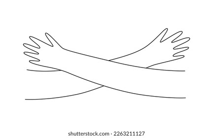 Hugging hands. Embrace arms line vector illustration. Support and help sign. Self care and love concept. Editable stroke. 