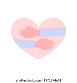 Hugging hands inside a heart. Vector illustration, flat cartoon color design, isolated on white background. Concept: love yourself, lovers day, love symbol.