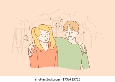 Hugging, happiness concept. Cartoon characters young happy smiling boy and girl brother sister teenagers siblings standing in park and embracing together. True friendship and family care illustration.