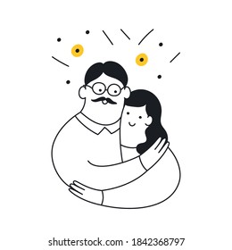 Hugging happy couple, man hugs woman, love and friendship, young family concept. Line elegant vector illustration on white