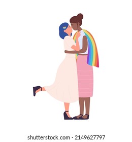 Hugging happy lesbian couple with rainbow flag. Lgbt rights and human tolerance cartoon vector illustration