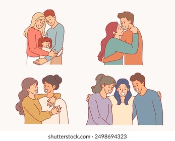 Hugging happy people. Families, kids, men and women, loving couples, strong friendly and loving embraces, romantic relationships, friendship and lover, cartoon flat isolated vector set