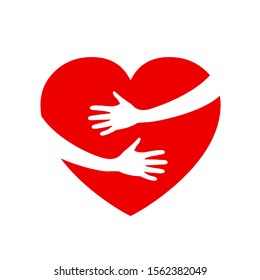 Hugging heart, charity icon, hands holding heart, arm embrace love yourself, organization of volunteers, family community – stock vector