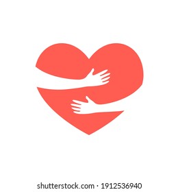 Hugging heart, hands holding heart, charity icon, love yourself, concept of volunteers. Vector illustration isolated on white background