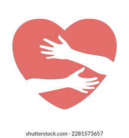 Hugging heart. Hands holding heart. Vector illustration in hand drawn flat style.