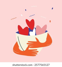 Hugging heart. Hug yourself. Love yourself vector flat illustration.