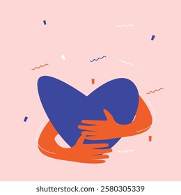 Hugging heart. Hug yourself. Love yourself vector flat illustration.	