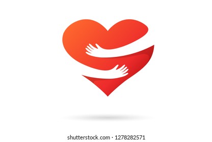 Hugging heart isolated on a white background. Heart with hands. Red color. Love symbol. Hug yourself. Love yourself. Valentine's day. Icon or logo. Cute modern design. Flat style vector illustration.