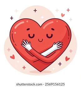 Hugging heart isolated on a white background. Heart with hands. Red color. Love symbol. Hug yourself. Love yourself. Valentine's day. Icon or logo. Cute modern design. Flat style vector illustration. 