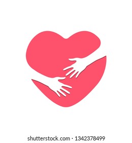 Hugging heart logo. Heart and hands. Embrace symbol. Hug yourself. Love yourself. Template design for web app, flyer, poster, sign or celebration banner. Vector illustration
