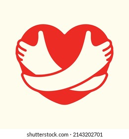 Hugging heart symbol. Hug yourself logo. Love yourself vector flat illustration.