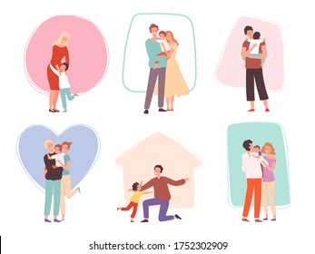 Hugging kids. Parents embrace their children. Happy family characters comforted talking mother father and baby vector group