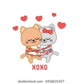 Hugging kittens. XOXO. Valentine day card. Cartoon, kawaii, vector eps 10