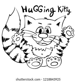 Hugging kitty. Outline cat with little paws. Animal design for print invitation, post card. Infantile doodle cat for party or coloring book for kids. 