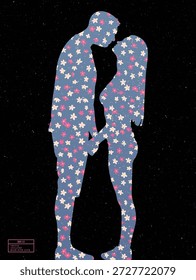 Hugging lovers patterned silhouette. Purple and cream tiny flowers