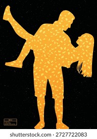 Abrazando a los amantes de la silueta estampada. Follaje amarillo de otoño sobre naranja