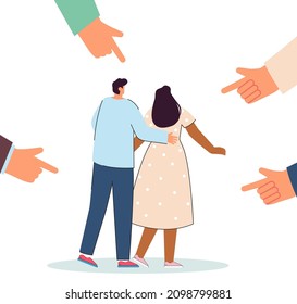 Hugging man and woman of color surrounded by hands pointing index fingers. People condemning interracial couple flat vector illustration. Society concept for banner, website design or landing web page