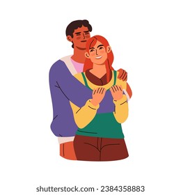 Hugging. Man and woman in love. Multiethnic couple. Happy girl and boy relationships. Boyfriend and girlfriend in casual clothes. People together. Vector cartoon flat style isolated illustration