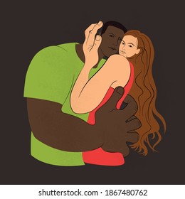 Hugging man and woman. Lovers. Embrace one another. Character design. Flat Vector Illustration.