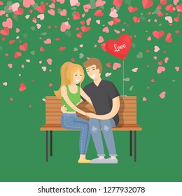 Hugging man and woman on bench decorated by balloon. Romantic day boyfriend embracing girlfriend. Feel in love between people, green papercard vector