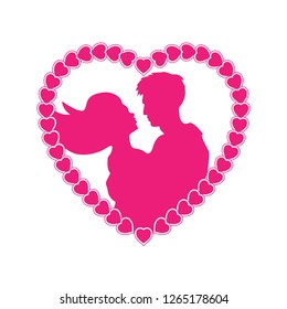 hugging man and woman in pink hearts frame for Valentine's day. Clip art