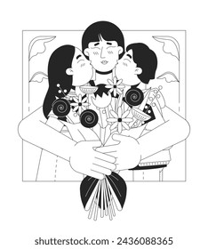 Hugging mom congrats black and white black and white line illustration. Asian mother children happy 2D lineart characters isolated. Flowers bouquet embracing mum monochrome scene vector outline image