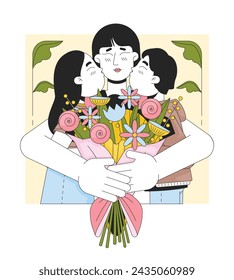 Hugging mom congrats line cartoon flat illustration. Asian mother children happy 2D lineart characters isolated on white background. Flowers bouquet embrace. Happy mum day scene vector color image