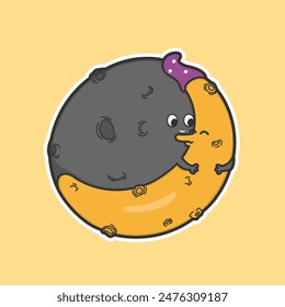 Hugging Moon Sticker Vector Cute Illustration