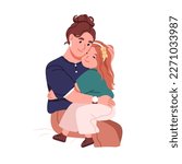 Hugging mother and daughter. Happy mom and girl child embracing. Cute kid sitting on mum knees, cuddling woman parent with love, support, care. Flat vector illustration isolated on white background