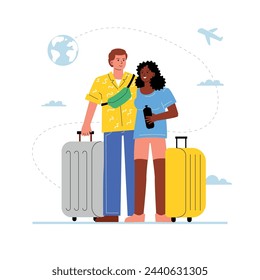 A hugging multiethnic couple at the airport, a man and a woman with suitcases waiting for departure.