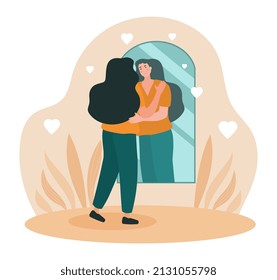 Hugging own reflection. Self love metaphor, positive psychology. Young girl evaluates her appearance, narcissistic character. Person in front of mirror, happy woman. Cartoon flat vector illustration