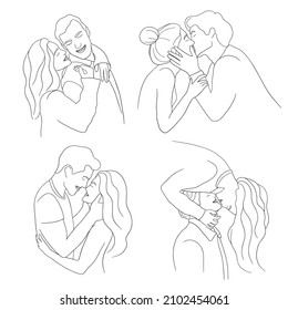 Hugging Pairs of lovers set. A man kissing a woman. Portrait of Happy Couple collection. Line art for valentine's day, family. Love concept. Outline Vector illustration isolated on white