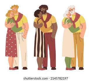 Hugging people. European, black skin or elderly couple. Feeling love and positive emotions. Married people. Warm relations between man and woman. Valentine day. Vector illustration.