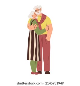 Hugging people. European, elderly couple. Feeling love and positive emotions. Married people. Warm relations between man and woman. Valentine day. Vector illustration.