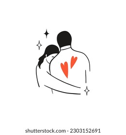 Hugging people. Line portrait. Man and woman couple in love, romantic relationships. Icons with boyfriend and girlfriend together. Valentine day or wedding card. Vector isolated illustration