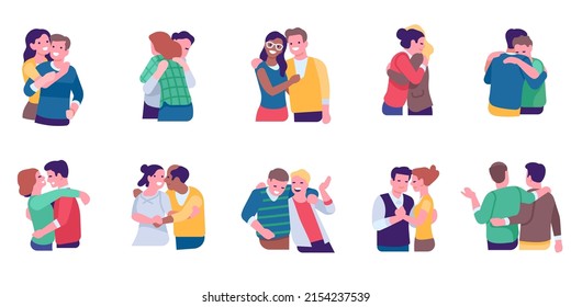 Hugging people. Warm relationships and friendly hugs. Romantic men and women. Partners or lovers meeting. Couples and friends communication. Welcome embrace. Vector