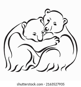 Hugging polar bears in love. Vector illustration for prints, poster, greeting card. Black and white linear drawing.