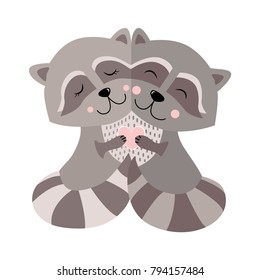 Hugging Raccoon Postcard Vector illustration
