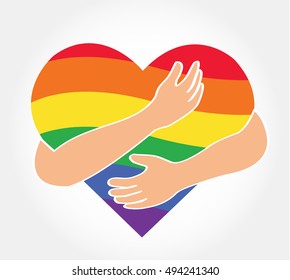 hugging rainbow heart vector , Love LGBT rainbow flag in heart shape