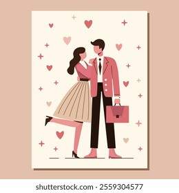 hugging romantic couple in love on the beige background with pink hearts in minimalist style. vector card with couple of lovers. vector template for valentine's day in flat style. vector flat art