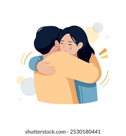 Hugging sad friends supporting each other concept illustration. Tears and crying. A guy and a girl are hugging. Healthcare and psychological help. Cartoon style. Vector isolated on white background.